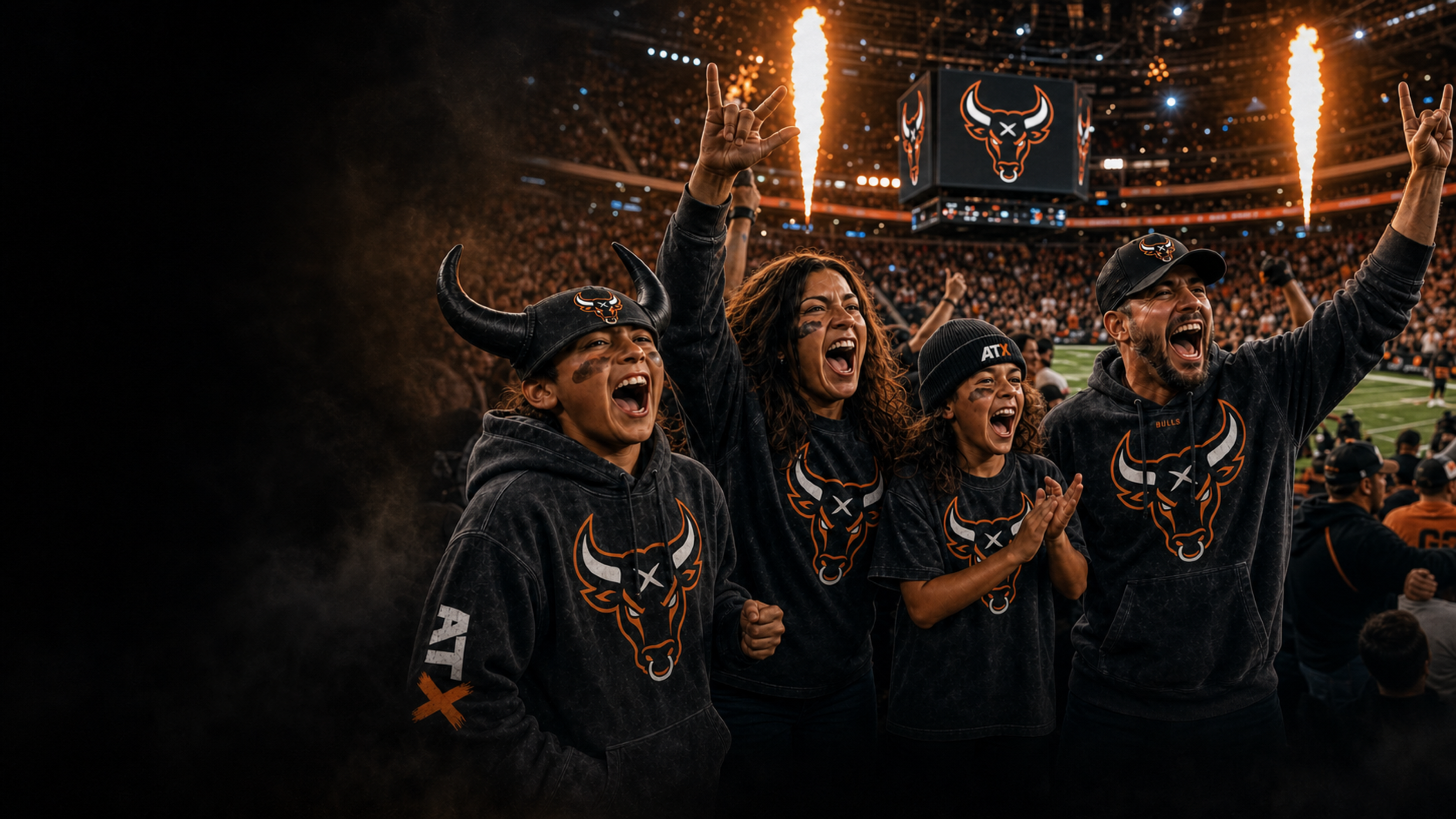 ATX Bulls family cheering together inside a packed arena