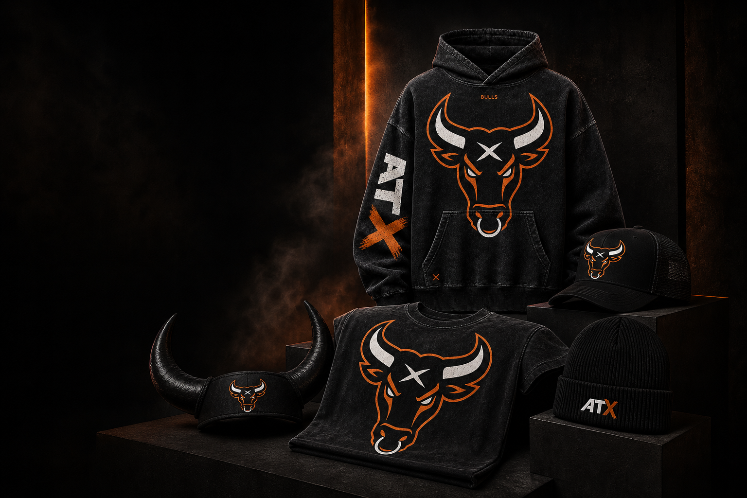 ATX Bulls blackout hoodie, shirt, cap, horn hat, and beanie collection