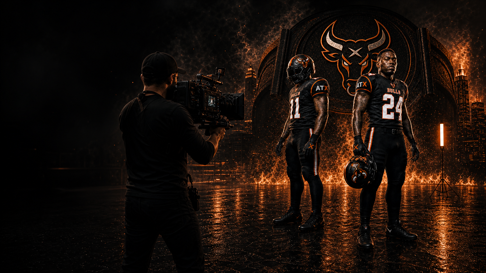 ATX Bulls players in official uniforms being filmed beneath the team crest in Austin
