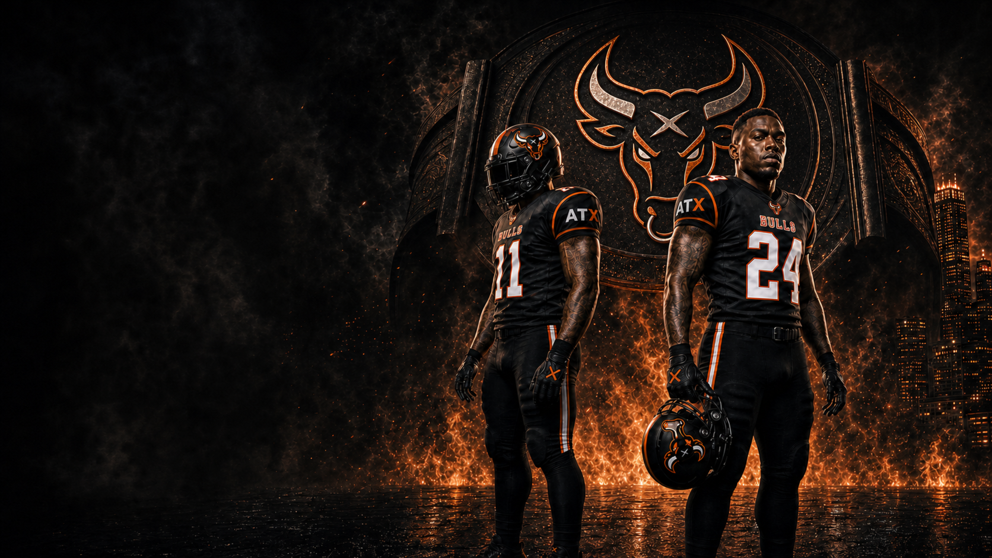 Two ATX Bulls players standing before the team crest in Austin