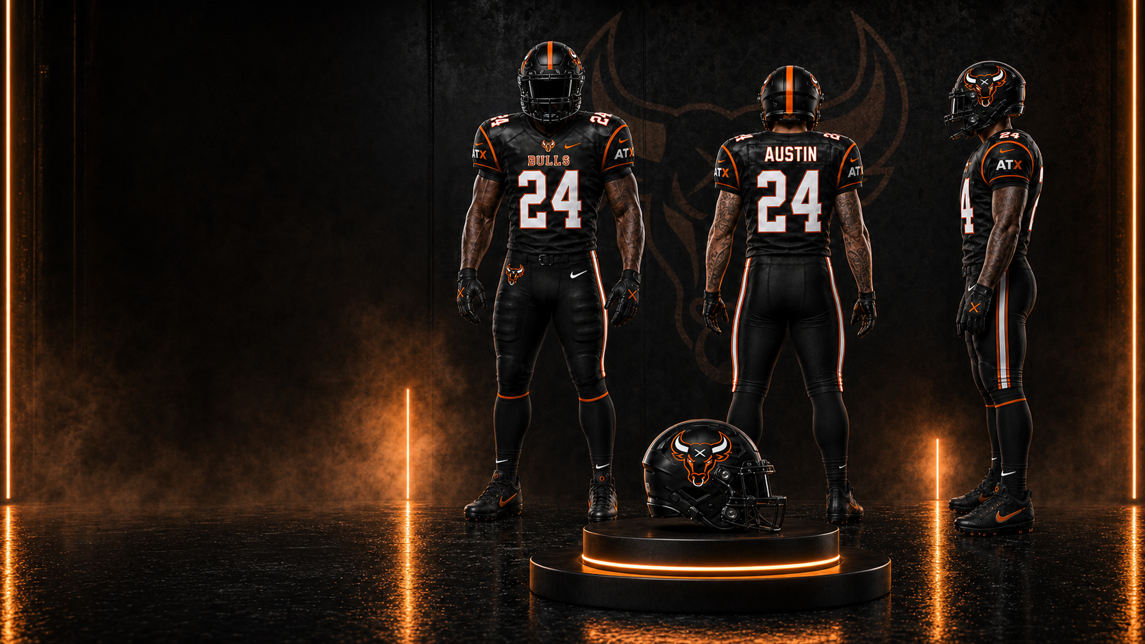 New ATX Bulls uniform shown from the front, back, and side with official helmet